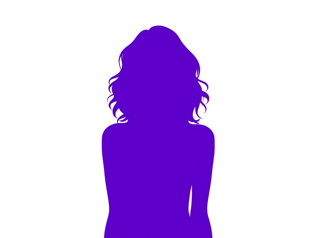 A purple silhouette of a woman with wavy hair on a white background.