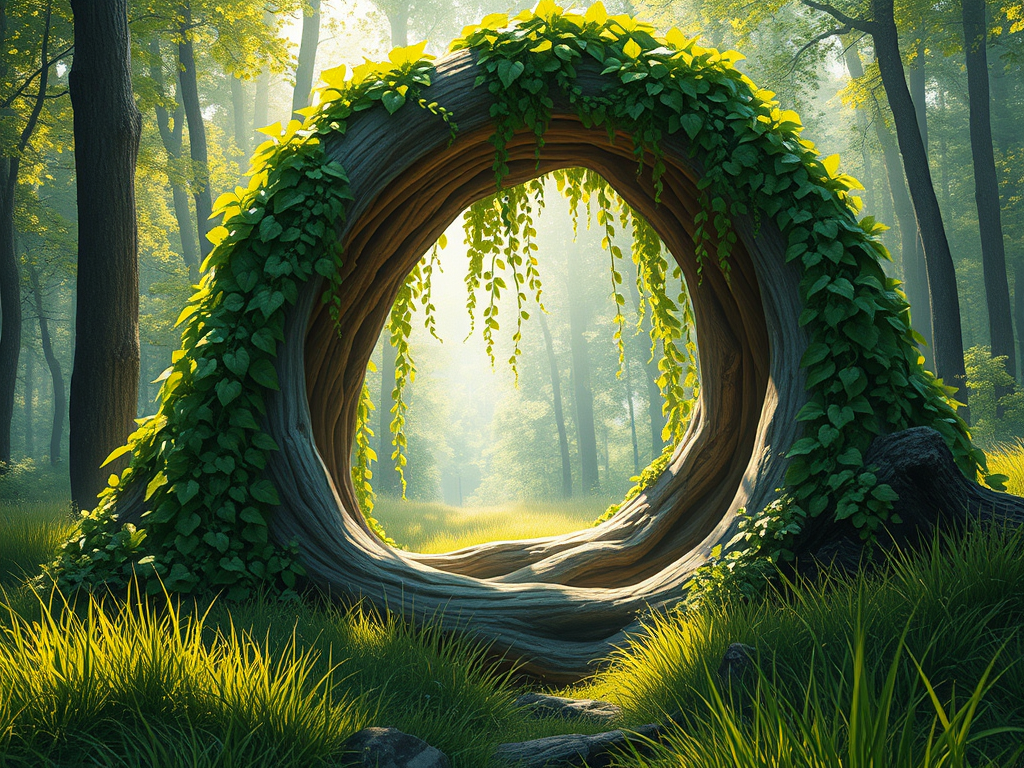 A circular tree arch covered in green vines, glowing in soft sunlight within a lush forest.