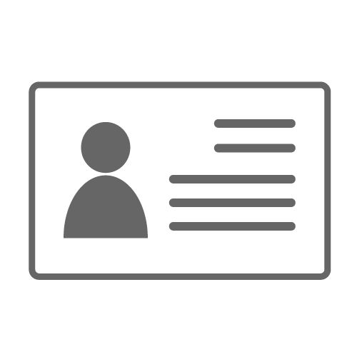 A grayscale ID card icon with a user silhouette and text lines.