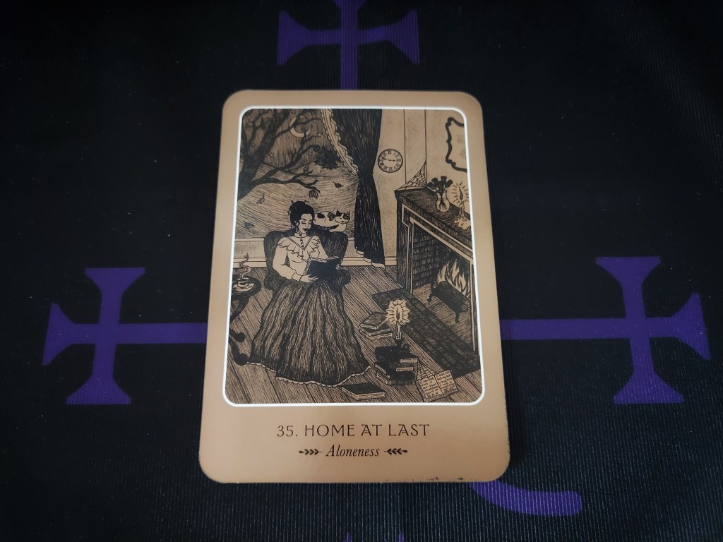 Card #35, Home At Last (Aloneness) from the Wild Woman Oracle deck by Cheyenne Zárate. The card features a detailed ink illustration of a woman in a Victorian-style dress sitting in an armchair, reading a book by firelight. A cat perches on the chair behind her. Around her are stacked books, an open journal, and a lit candle. A clock hangs on the wall and bare tree branches are visible through a curtained window. The card has a warm rose gold border with the title and subtitle printed beneath the illustration.